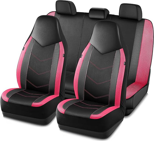PIC AUTO Leather Car Seat Covers, Sports Carbon Fiber & Mesh Design, High-Back Front & Rear Full Set, Waterproof Automotive Seat Covers, Airbag Compatible, Universal Fit for Most Cars (Black&HotPink)