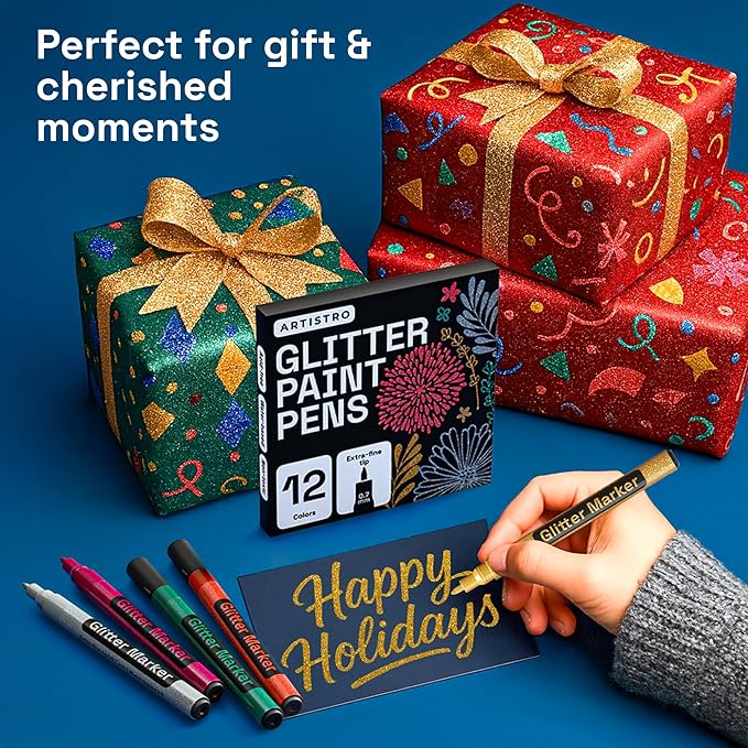 ARTISTRO 12 Glitter Paint Pens Sparkly and Shiny for Glass, Rock Painting, Ceramic, Wood, Fabric, Scrapbooking, DIY Craft Making, Coloring - Acrylic Paint Markers Extra-Fine Tip 0.7mm