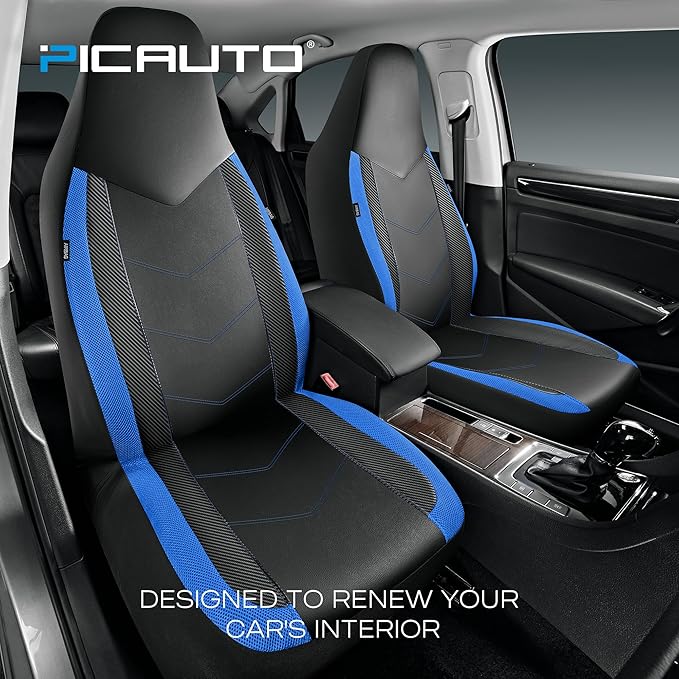 PIC AUTO Leather Car Seat Covers, Sports Carbon Fiber & Mesh Design, High-Back Two Front Set, Waterproof Automotive Seat Covers, Airbag Compatible, Universal Fit for Most Cars (Black & Blue)