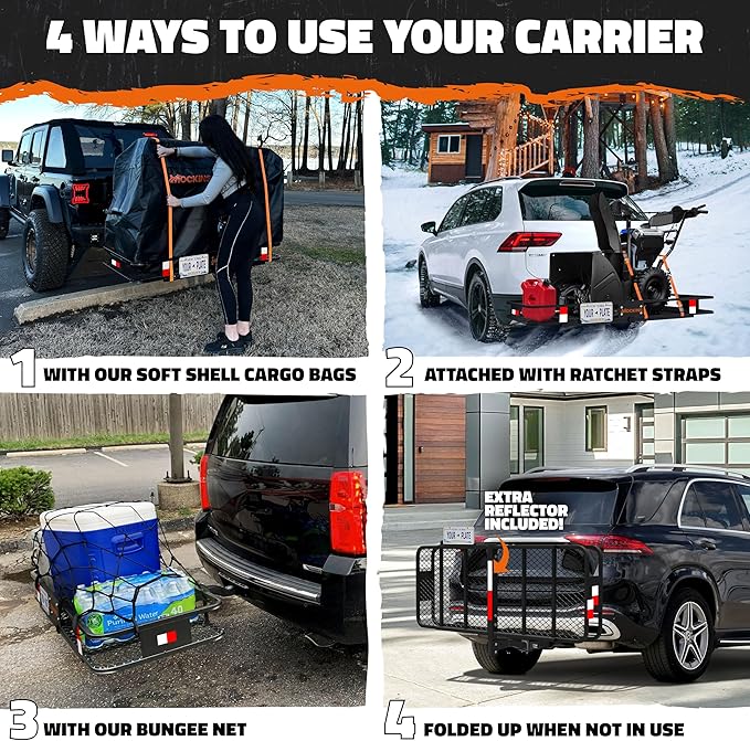 Mockins 60"x24"x6" Trailer Hitch Cargo Carrier & 25 CuFt Waterproof Cargo Bag | 500 Lbs. Capacity Folding Luggage Rack for SUV Car & Truck w/Built-in License Plate Bracket & Hitch Rack Accessories