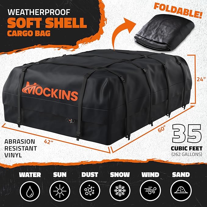 Mockins 35 Cu.Ft. Black Waterproof Rooftop Cargo Carrier Bag | 60"x42"x24" Car Roof Bag for Use with or w/o Roof Rack | Car Topper Luggage Carrier Waterproof Storage Set w/Mat, Straps, Hooks, & More