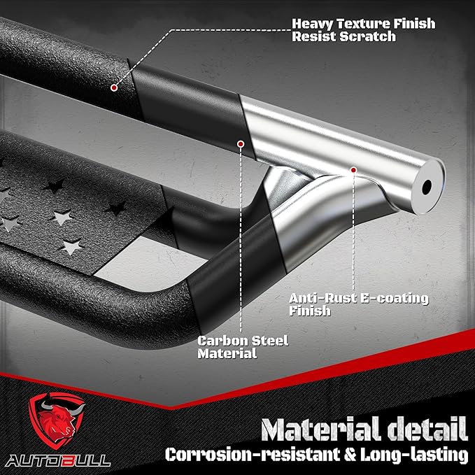 Crew Cab Running Boards Compatible with 2009-2018 Dodge Ram 1500, 2019-2024 1500 Classic, 2010-2024 Ram 2500 & 3500 CrewCab, 6" 2-Stairs Side Step Rails Coated Black Carbon Steel Nerf Bars