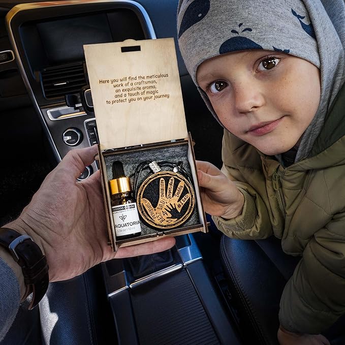 Wood Car Air Freshener — Handcrafted Air Freshener — Father’s Hands Fragrance Oil Diffuser in Wooden Gift Box — Father’s Day Gift Set for Car with diAquatoria Fragrance Oil - 10 ml