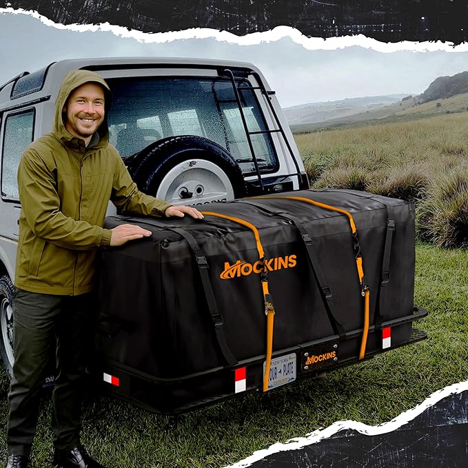 Mockins 60"x24"x6" XL Heavy Duty Trailer Hitch Cargo Carrier | 500 Lbs. Cap Luggage Rack for SUV Car Truck | Steel Hitch Rack Cargo Carrier Set w/License Plate Bracket, Straps, Stabilizer, Lock & Net