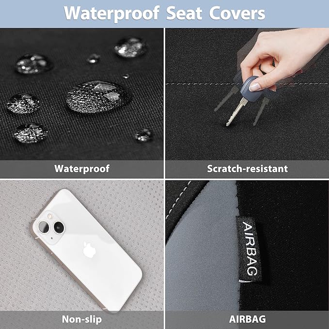 CAR PASS Waterproof Car Seat Covers Full Sets, Universal Fit Seat Covers for Cars, EVA Neoprene Seat Cover Set Full Sets, Interior Covers for Auto SUV,Vans,sedans, Trucks,(Black and Gray)