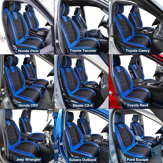OASIS AUTO Car Seat Covers Premium Waterproof Faux Leather Cushion Universal Accessories Fit SUV Truck Sedan Automotive Vehicle Auto Interior Protector Full Set (OS-004 Black&Blue)