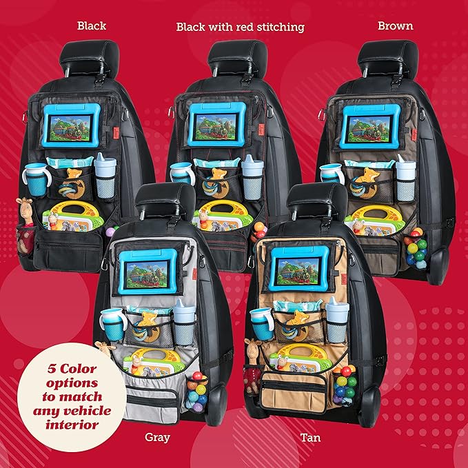 Lusso Gear Backseat Car Organizer- Kick Mat Protects Against Kids Feet - 12 Large Storage Pockets - iPad,Tablet, Water Bottle Holder- Durable, Heavy Duty Road Trip Essential (Black)