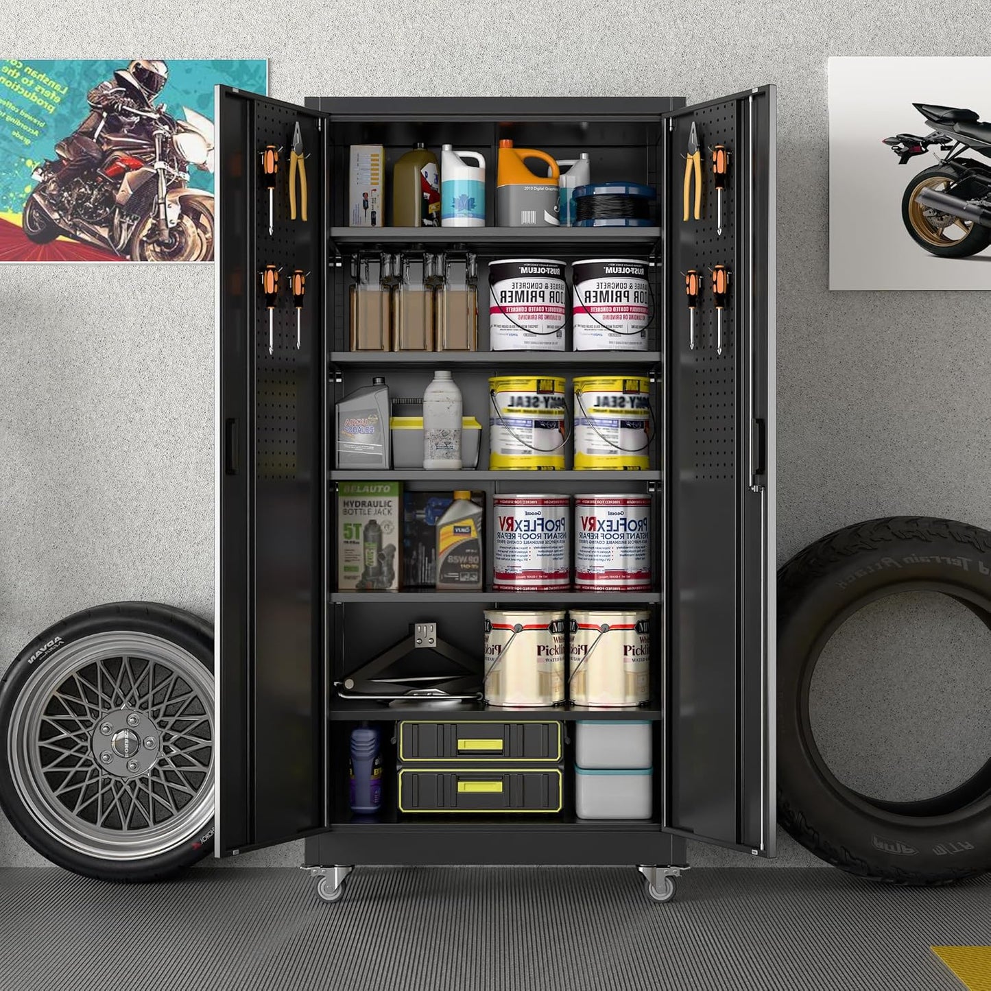 Metal Garage Storage Cabinet with Wheels and Pegboard 71'' x 34'' x 18'', Lockable Rolling Steel Cabinet with 5 Adjustable Shelves and Door for Garage, Office, Kitchen, Assembly Required(Black)