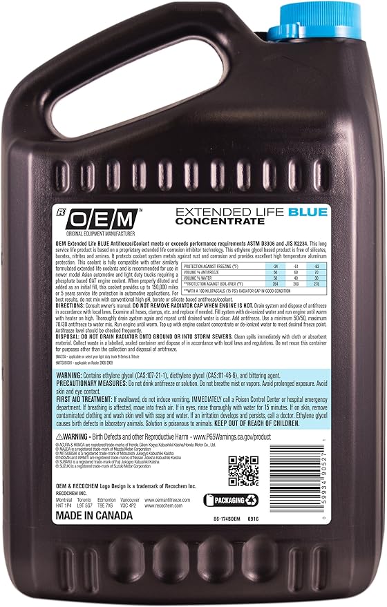 Recochem OEM 86-174BOEM Blue Premium Antifreeze Concentrate Extended Life BLUE, 1 gallon, 1 Pack