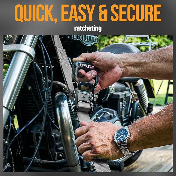 FORTEM Ratchet Tie Down Straps, 5208lb Break Strength, 4 Pack 10ft x 1.5in Heavy Duty Straps, 4 Soft Loops, Cam Buckles for Motorcycles, Safety Lock S Hooks, Carry Bag