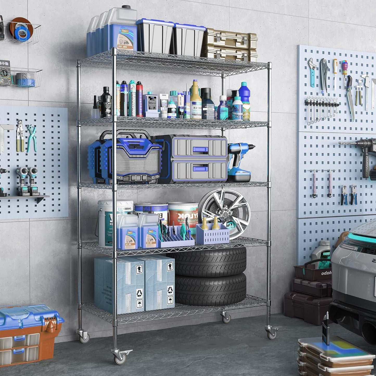 5 Tier Metal Shelving Unit with Wheels, 72" H x 48”W x 24”D Industrial Storage Shelves 1500 LBS Load Capacity, Steel Wire Storage Shelving for Garage, Kitchen, Pantry, Living Room
