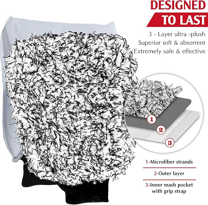 TAKAVU Microfiber Cleaning Mitt, 2 Pack Premium Cyclone Car Washing Gloves, Scratch-Free Lint-Free Wash Mitts, Holds Tons of Sudsy Water for Effective Washing, Machine Washable (Black & White)