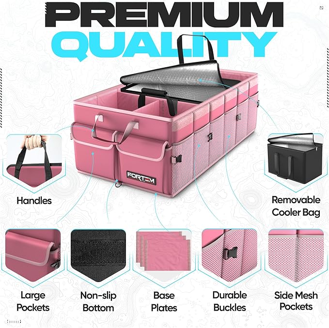 FORTEM Trunk Organizer with Cooler For SUV Car Trunk, Foldable Storage, Car Accessories for Women Men, Collapsible Multi Compartment, 600D Oxford, Non Slip Bottom, Securing Straps, Soft Cover (105L)