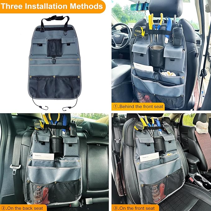 Car Seat Back Organizer with Multiple Storage Pockets, Black Mesh and Fabric, Universal Fit (grey)