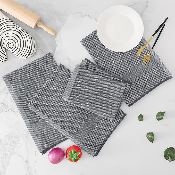 Homaxy Premium Kitchen Towels(18”x 28”, 8 Pack), Large Cotton Kitchen Hand Towels, Flat and Terry Dish Towels, 380 GSM Highly Absorbent Tea Towel Set with Hanging Loop, Grey