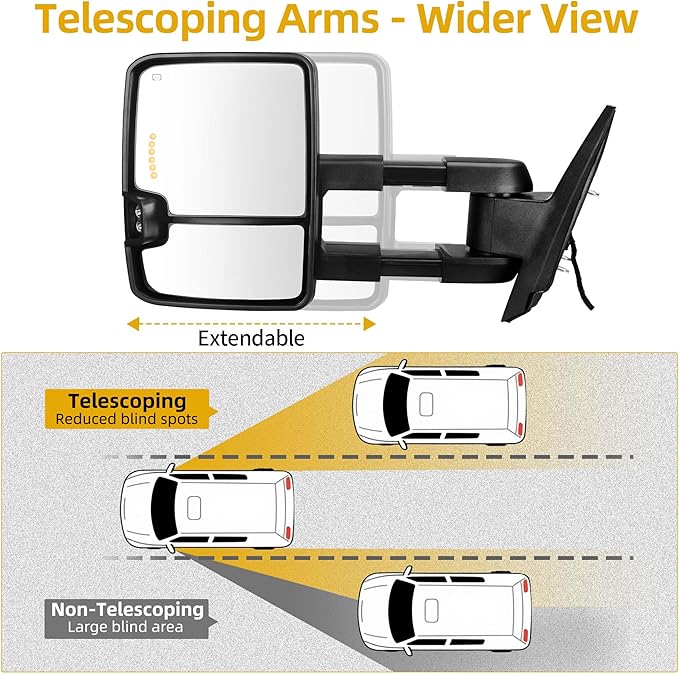 DWVO Telescoping Towing Mirrors for Chevy Silverado GMC Sierra 2007-2014, 2500HD 3500HD Tahoe Suburban Avalanche Yukon XL Denali, Power Heated Folding Mirrors with Turn Signal & Spot Light