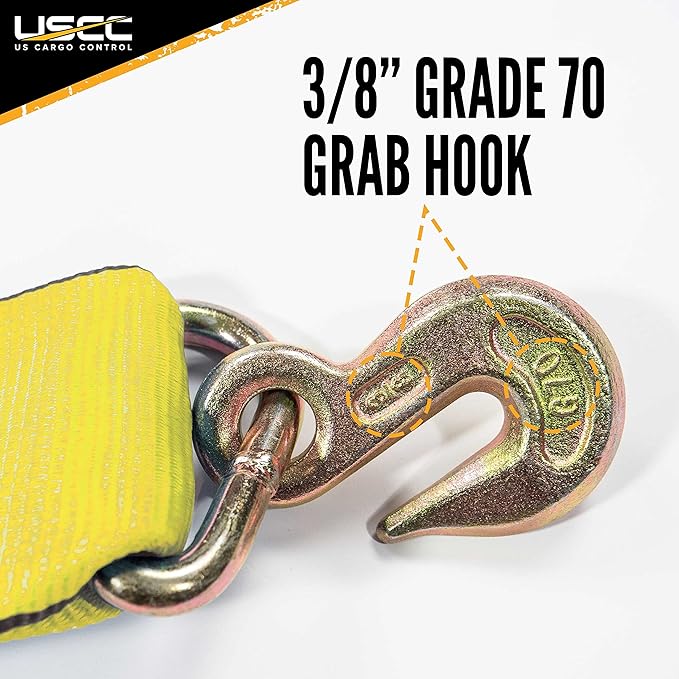 US Cargo Control 4 Inch Winch Strap with Grab Hook, 27 Feet Long, Heavy Duty Trailer Winch Strap for Safe Cargo Securement, Zinc-Coated Grab Hook for Easy Attachment, Yellow
