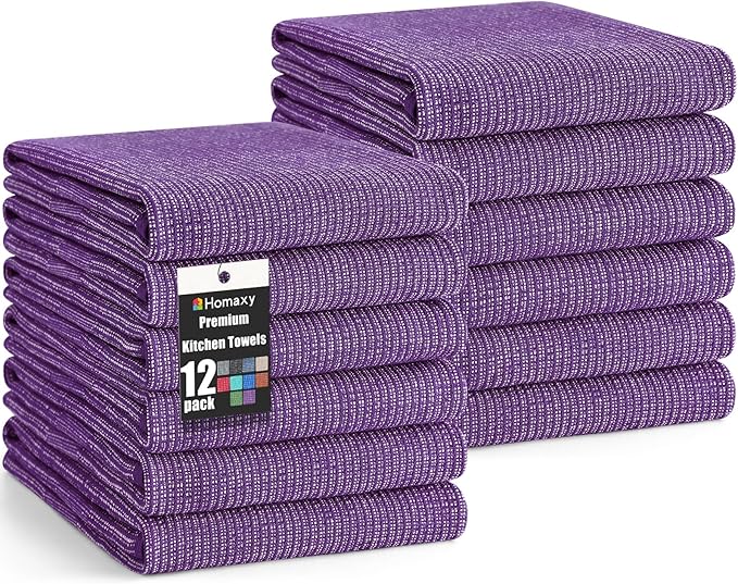 Homaxy Premium Kitchen Towels(18”x 28”, 12 Pack), Large Cotton Kitchen Hand Towels, Flat and Terry Dish Towels, 380 GSM Highly Absorbent Tea Towel Set with Hanging Loop, Purple