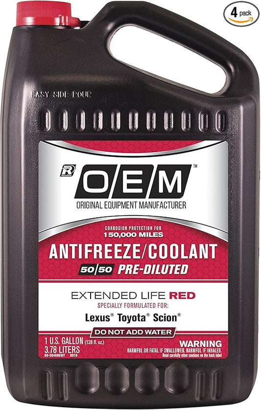 OEM Recochem Asian Vehicles Premium Antifreeze 50/50 Extended Life Coolant RED, 1 Gallon, 4 Pack