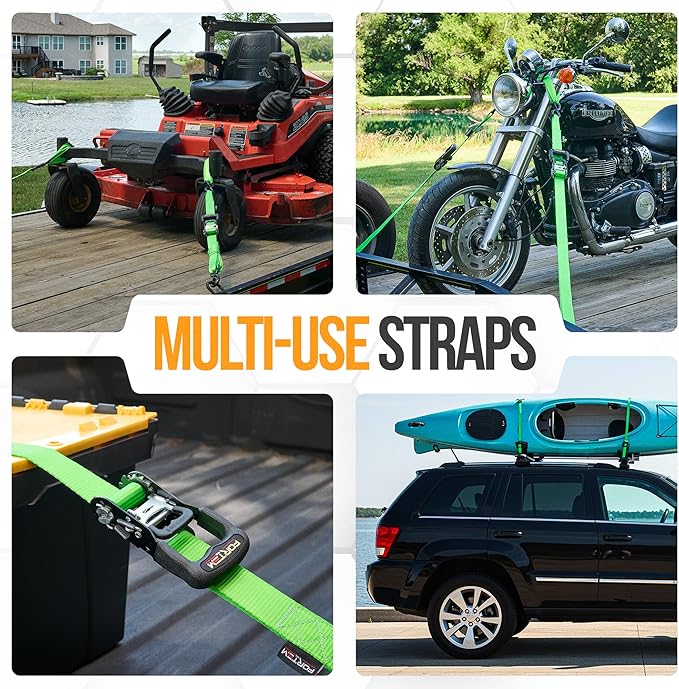 FORTEM Ratchet Tie Down Straps, 5208lb Break Strength, 4 Pack 10ft x 1.5in Heavy Duty Straps, 4 Soft Loops, Cam Buckles for Motorcycles, Safety Lock S Hooks, Carry Bag