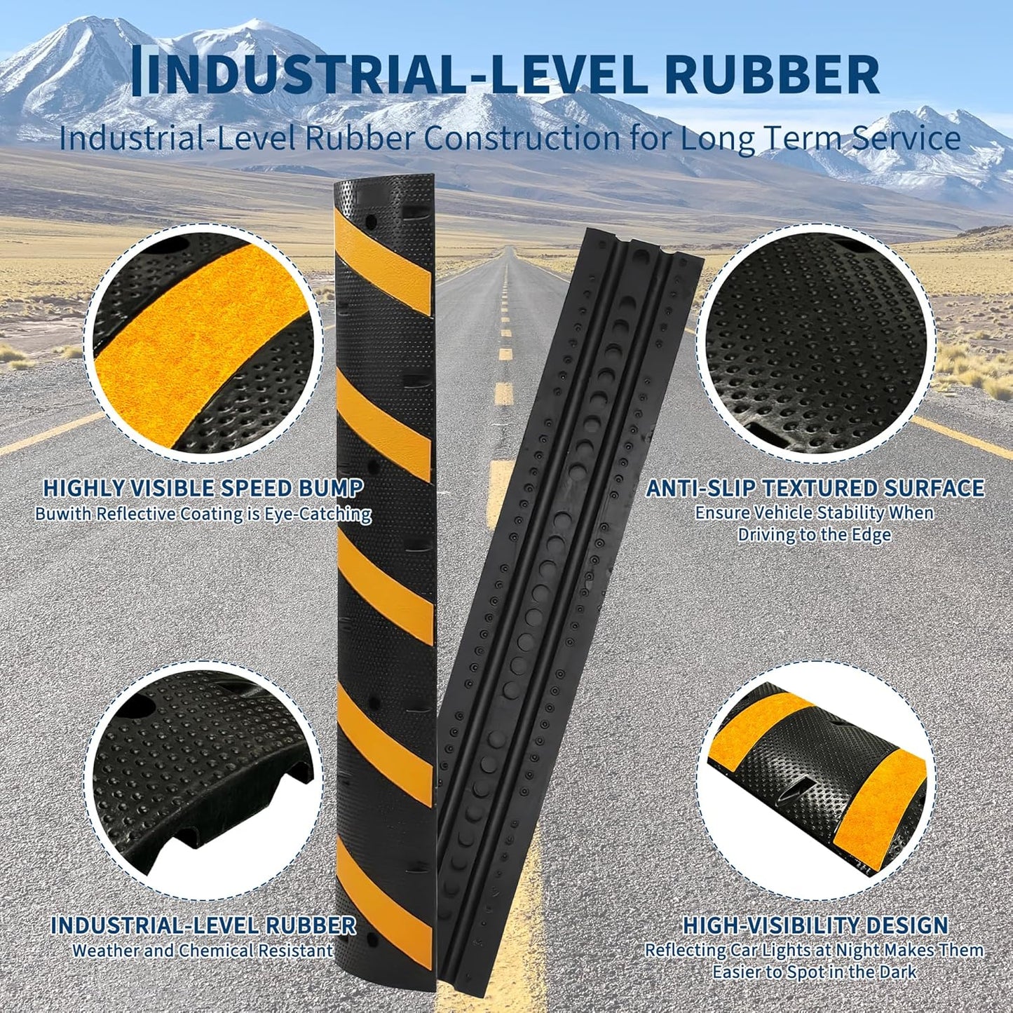 3 PCS 6FT Speed Bumps Wite End for Road, Heavy-Duty 25,000 Lbs Capacity Traffic Rubber Speed Humps with 2 Channel Floor Cord Cover for Asphalt Concrete Gravel Driveway Road (3)