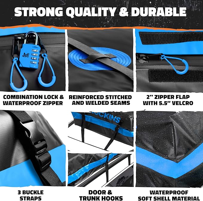Mockins 35 CuFt XL Car Rooftop Cargo Carrier Bag | 80"x40"x19" Car Top Carrier Without Roof Rack | All Weather Soft-Shell Vinyl Waterproof Cargo Bag for Top of Car Storage w/Roof Bag Accessories
