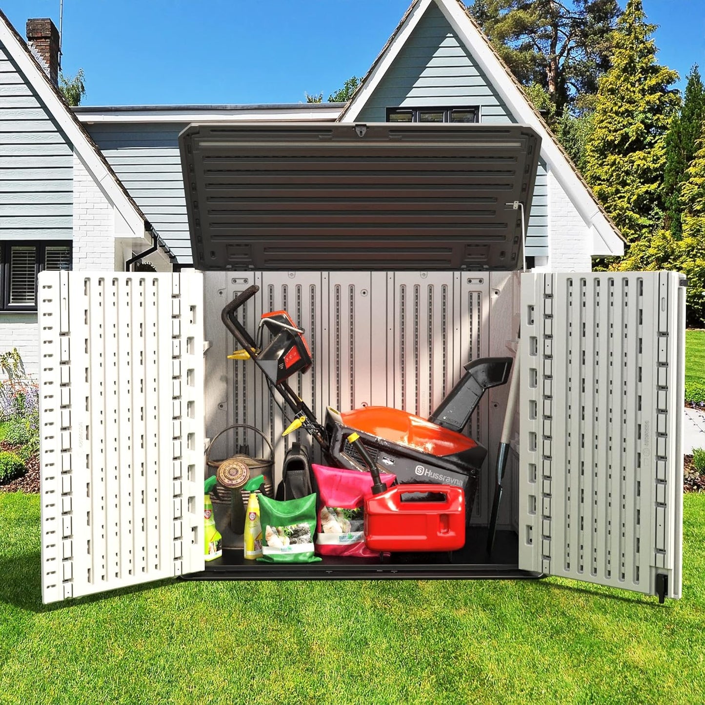 ADDOK Horizontal Storage Shed Outdoor with Floor, 27 Cu Ft Capacity Plastic Storage Shed with Lockable Double Doors, All-Weather Condition Use for Patio, Backyard, Lawn and Garden, White
