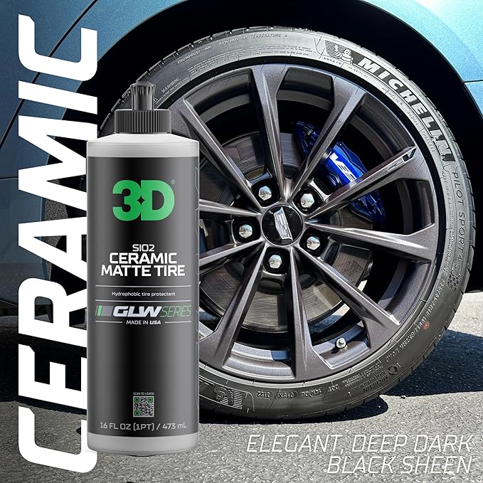 3D GLW Series SiO2 Ceramic Matte Tire Shine | Deep Matte Finish Tire Protectant | Hydrophobic & UV Resistant | Anti-Fade, No Sling | Pro Car Detailing |64 oz