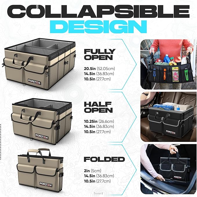 FORTEM Car Trunk Organizer, Collapsible Multi Compartment SUV Organizer, Foldable Storage for Car Accessories for Women Men, 600D Oxford, Non Slip Bottom, Securing Straps, Soft Cover (50L)