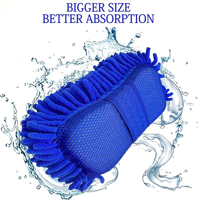 Microfiber Car Wash Sponge-Non-Scratch Wash Mitt-Two Sided Chenille Microfiber Washing Sponge-Mitt for Cars, Trucks, SUVs, Boats(2 Pack Blue)