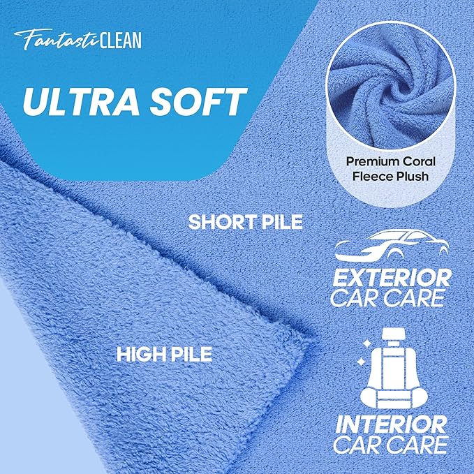 Fantasticlean Microfiber Towels for Cars, Tear Away Car Detailing Cloth Roll, RV Boat Drying Polishing, Edgeless Plush, Coral Fleece, Ultra Absorbent, Scratch-Free, 14" x 14", 20 Pack (Blue)