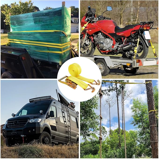 4 Pack 2 Inch Ratchet Straps Heavy Duty 16ft Tie Down Straps Ratchet with Double J Hook, 10000 LBS Break Strength, Cargo Ratchet Straps for Moving, Truck, Trailers, Motorcycles, Kayaks, Car Roof