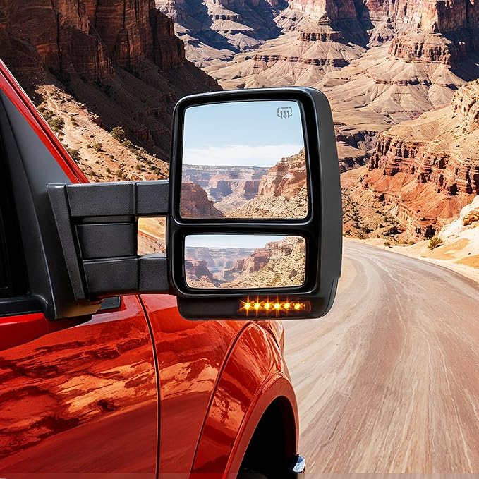 DWVO Towing Mirrors for 2007-2014 Ford F150, Power Heated Side Mirrors with Amber LED Turn Signal, Puddle Light, Manual Telescoping and Folding, Pair Replacement Tow Mirrors Set
