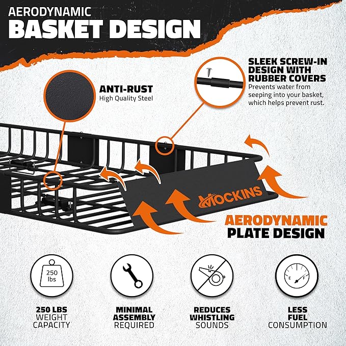 Mockins 64"x39"x6" Extendable Roof Rack Cargo Carrier for Top of Vehicle | 250lbs. Cap Car Top Carrier | Rooftop Cargo Basket for SUV, Car, Van & More | Roof Basket Set w/Ratchet Straps & Bungee Net