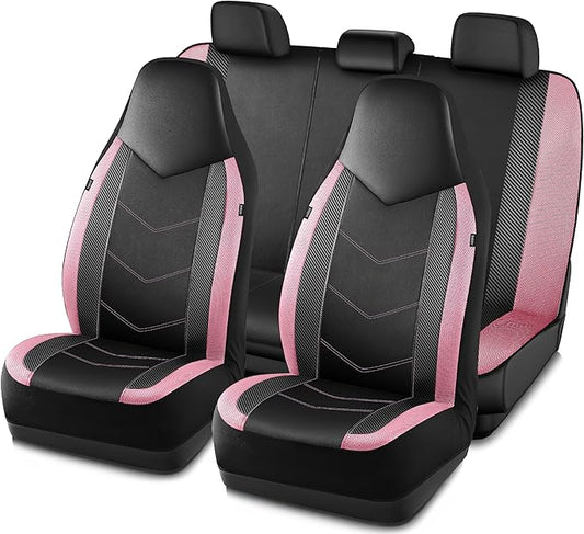 PIC AUTO Leather Car Seat Covers, Sports Carbon Fiber & Mesh Design, High-Back Front & Rear Full Set, Waterproof Automotive Seat Covers, Airbag Compatible, Universal Fit for Most Cars (Black & Pink)