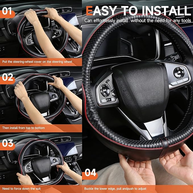 Car Steering Wheel Cover，Anti-Slip, Safety, Soft, Sports Style, Leather Steering Wheel Cover for Men Women, Adaptable to 14.5-15 inches Steering Wheel (Black with Red line)