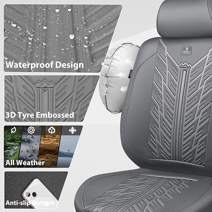 CAR PASS Waterproof Neoprene Seat Covers Full Sets, Wetsuit Car Seat Covers,All-Weather Non-Slip Durable,Universal Fit for Vans,Truck,SUV,3D Tyre Embossed Seat Covers with Airbag Compatible(All Gray)