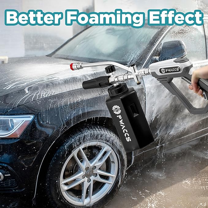 PWACCS Pressure Washer Foam Gun with Dual Connector Accessory, Short Power Washer Gun Foam Cannon and Double Tip Attachment Car Wash Kit, 1/4" Quick Connector, M22 Male Inlet, 4000 PSI, 1.5 Liter