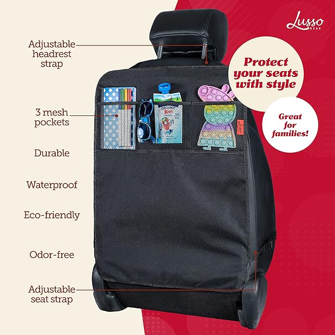 Lusso Gear Seat Back Protector for Kids - 2 Pack, Black, 3 Mesh Pockets - Back Seat Cover & Organizer with Waterproof, Machine Washable Oxford Material