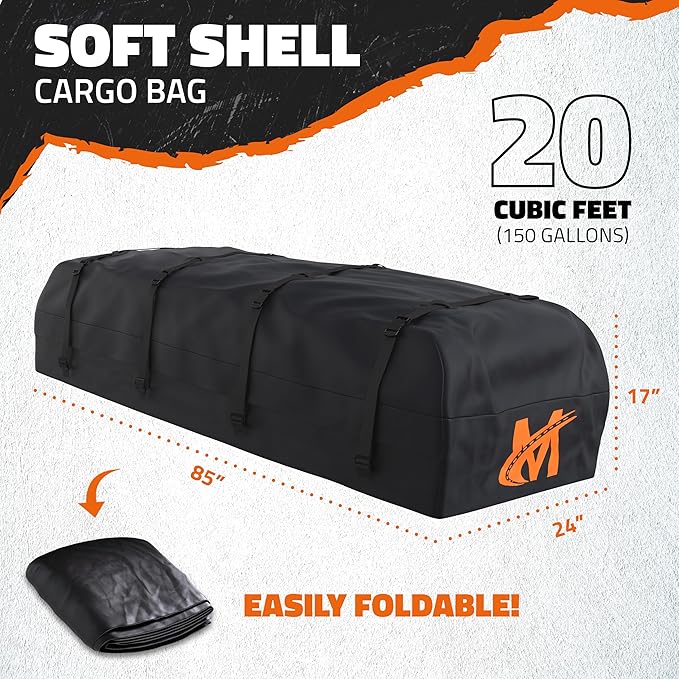 Mockins 85"x24"x4" Extendable Skinny Roof Basket Cargo Carrier w/ 20 CuFt Soft Roof Rack Bag | 250 Lbs. Capacity Rooftop Cargo Carrier for Top of Vehicle | Car Topper Luggage Carrier Waterproof Set