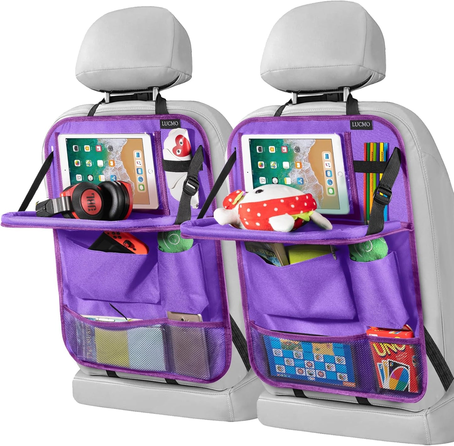 LUCMO Car Backseat Organizer with Tablet Holder-2 Pcs,6 Storage Pockets Car Storage Organizer with Foldable Food Tray,Protectors Kick Mats Travel Accessories-Dark Purple