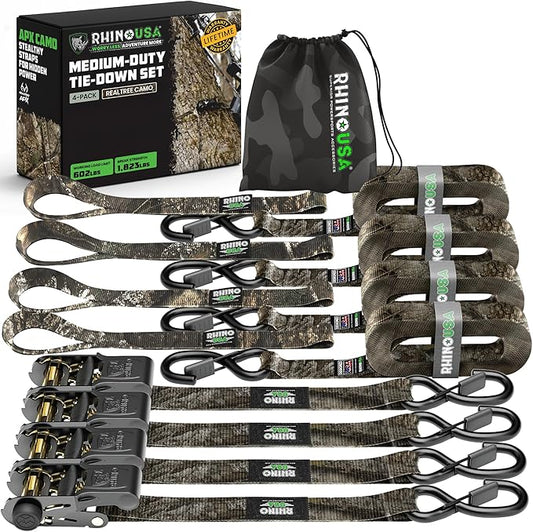 Rhino USA x Realtree Ratchet Straps Tie Downs (4-Pack) - 1 Inch x 15 Feet (1,823lb Break Strength) - Ultimate Tie Down Straps with Safety S Hooks - for Trucks, Cargo, Moving, Appliances - Camo
