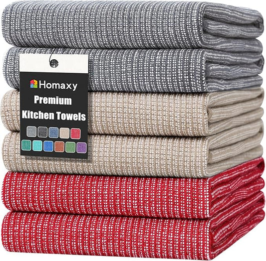 Homaxy Premium Kitchen Towels(18”x 28”, 6 Pack), Large Cotton Kitchen Hand Towels, Flat and Terry Dish Towels, 380 GSM Highly Absorbent Tea Towel Set with Hanging Loop, Red/Grey/Khaki