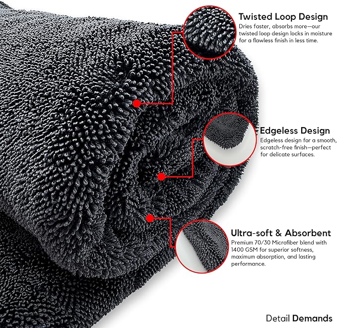 Extra Large Car Drying Towel - 1400 GSM Edgeless Twisted Loop Design - 70/30 Blend Microfiber Towels for Cars, Trucks, SUVs - Superior Absorption, Streak-Free - 24" x 36", Black