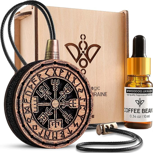 Wood Car Air Freshener — Handmade Car Air Freshener — Vegvisir Designed Fragrance Oil Diffuser in Wooden Gift Box — Aromatherapy Gift Set with Coffee Beans Fragrance Oil - 10 ml