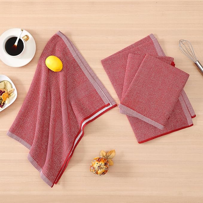 Homaxy Premium Kitchen Towels(18”x 28”, 12 Pack), Large Cotton Kitchen Hand Towels, Flat and Terry Dish Towels, 380 GSM Highly Absorbent Tea Towel Set with Hanging Loop, Red