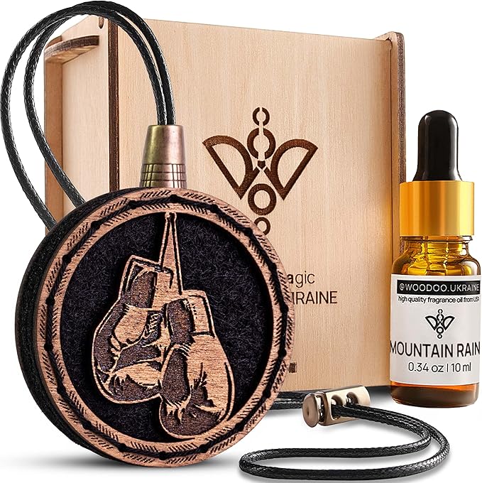 Wood Car Air Freshener — Handmade Car Air Freshener — Boxing Gloves Designed Fragrance Oil Diffuser in Wooden Gift Box — Aromatherapy Gift Set with Mountain Rain Fragrance Oil - 10 ml