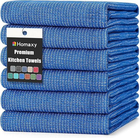 Homaxy Premium Kitchen Towels(18”x 28”, 6 Pack), Large Cotton Kitchen Hand Towels, Flat and Terry Dish Towels, 380 GSM Highly Absorbent Tea Towel Set with Hanging Loop, Blueberry