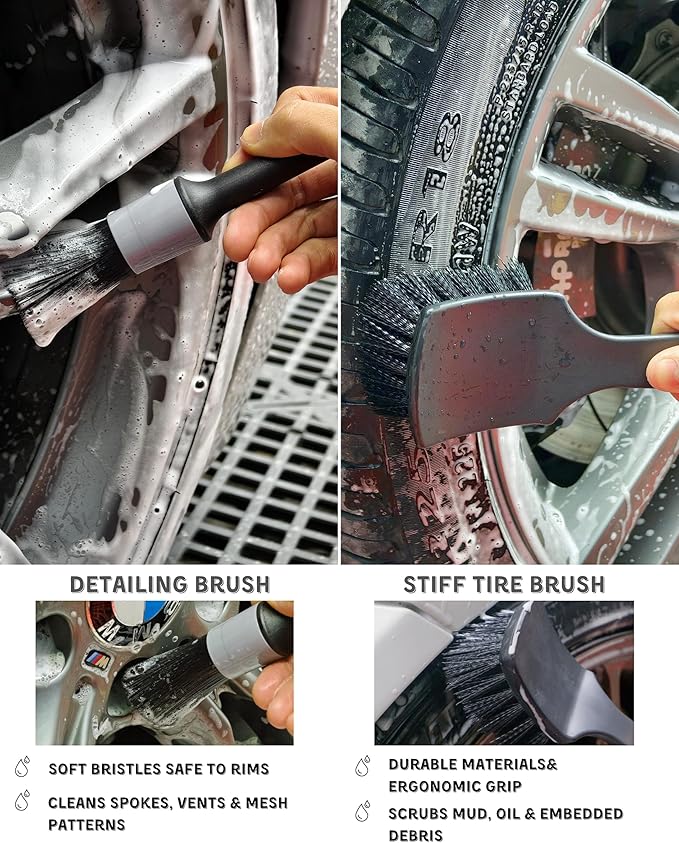 7PCS Pro-Grade Wheel Cleaning Kit: Long Handle Soft Wheel Brushes, Detailing Brush, Tire Scrubber, Wash Mitt, Hex-Logic Applicator & Microfiber Towel for Deep Car Detailing