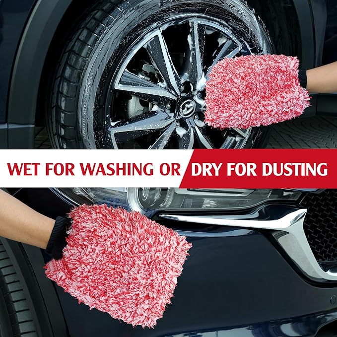 TAKAVU Microfiber Cleaning Mitt, 2 Pack Premium Cyclone Car Washing Gloves, Scratch-Free Lint-Free Wash Mitts, Holds Tons of Sudsy Water for Effective Washing, Machine Washable (Red & White)